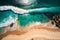 Top view from drone photo of beautiful beach with relaxing sunlight, Sea water waves pounding the sand at the shore. Calmness and