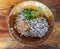 Top view, dry noodles  Minced pork with beans and cilantro, delicious, Thai food, wooden table background