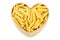 Top view dry pasta penne Italian food in heart shaped bamboo basket isolated white background with clipping path