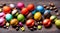 Top view Easter composition with colorful eggs and chocolate eggs on wooden background. 3d rendering