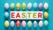 Top view Easter greeting card arranged over colorful eggs