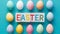 Top view Easter greeting card arranged over colorful eggs