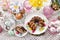 Top view of easter traditional cakes on festive table