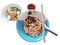Top view of egg noodle dry noodle without soup topped with sliced pork and peanuts in bowl
