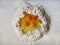 Top view of eggs in a flour as a process of baking