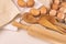 Top view of eggs and utensils on table