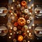 Top view of an elegantly set table, plates, cutlery, pumpkin candles, glasses. Pumpkin as a dish of thanksgiving for the harvest