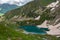 A top view of an emerald mountain lake with a snow cap surrounded by green mountain slopes