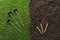 top view of empty blackboards on grass and gardening tools on soil