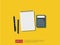 top view empty note paper sheet with calculator, pencil and pen on workdesk vector illustration