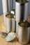 Top view of empty stacked cans for recycling, on rustic wooden table