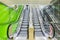 Top view of escalators, green color combination. panoramic angle of escalator