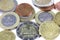 Top view euro penny money macro detail