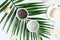 Top view facial clay mask and tropical leaf on marble background. Flat lay natural organic SPA cosmetic products for skincare,
