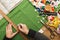 Top view on fashion designer working at messy table