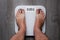 Top view of the feet of a barefoot man standing on smart scales, on whose balance it is written oh my God