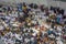 Top view of female Muslim women wait for evening prayers facing the Kaabah in Makkah, Kingdom of Saudi Arabia.