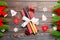 Top view of festive cutlery on new year wooden background. Close up of christmas decorations. Holiday dinner concept