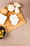 Top view of feta white cheese on wooden board