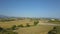 Top view of a field and trees. The drone falls down. On the horizon passing cars.