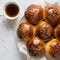 Top View Of Five Brioche With Coffee On White Background