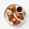 Top View Of Five Croissants With Coffee On White Background