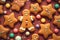 Top view flat lay of 3d rendered gingerbread cookies on dark red background. Christmas cookies baking tradition
