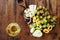 Top view flat lay appetizers table wine snacks fruits cheese