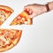 Top view. Flat lay photograph of tasty italian pizza on white background