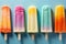 Top view flat lay of a set of bright ice cream popsicles