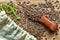 Top view flax seeds in a wooden spoon from a bag.