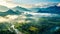 Top view of foggy rainforest valley with river and mountains under blue cloudy sky