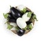 Top view food eggplants white and black in basket on wh