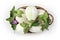 Top view food white eggplants with flowers and leaf in basket is