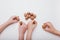 Top view four child hand with many walnuts  on white background,