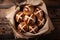 Top view of fragrant traditional Easter hot cross buns on wooden table