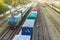 Top view freight train transports goods by rail