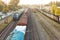 Top view freight train transports goods by rail