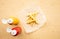 Top view of french fried with bottles of tomato sauce  ketchup  and mustard on wood table background