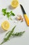 Top view of fresh ingredients for healthy cooking condiments - lemon, garlic, green onion and fennel on white background