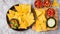 Top view fresh mexican food with nachos. Generative Ai