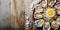 top view of fresh oysters with ice and lemon over wooden table background with copy space