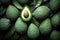 Top view of fresh picked avocados background.