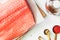 Top view on fresh salmon fillets on a kitchen table for preparing recipe with spices