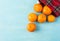 Top view. Fresh tangerines on a wooden background. Mandarins with copy space for text. Ripe and tasty tangerines. Clementines on