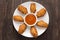 Top view fried chicken wings on wooden background