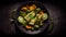 Top View of Fried Paneer Tikka in Bowl With Salads on Dark Themed Background AI Generative