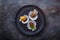 Top view of fried scallops on a plate, restaurant dish copy space