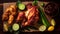 Top View of Fried Spicy Whole Chicken With Salads on Dark Themed Background AI Generative