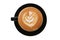 Top view of frothy cappuccino coffee with beautiful latte art on transparent background